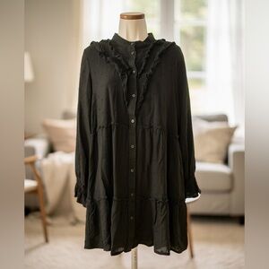 Zara Black Tiered Puff Sleeve Boho Midi Dress XS